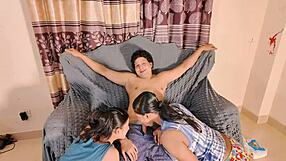 whoa desi teens take anal creampie in homemade threesome riding big cocks together