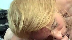 Facial explodes on topless hooker's face after bareback BJ!