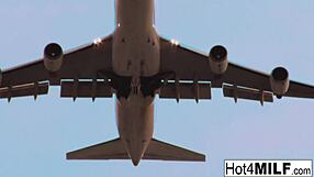 Flight attendant's big fake tits lure cock into cockpit depths