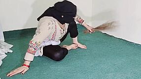 big ass showing thru black transparent pajamas while cleaning