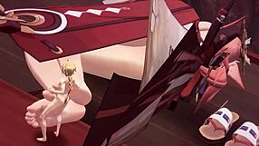 Tall beauty Yae Miko teases with huge feet footjob play.