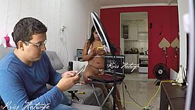 Hubby calls tech over, watch me strut in see-through white bikini!