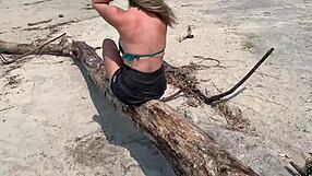 She Handjobs Huge Cock to Public Beach Cumshot