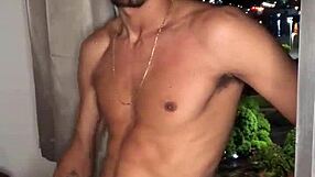 Naughty boy jerks off huge load at building window with handjob tease.