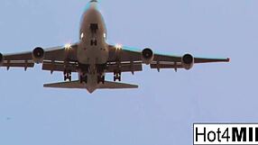 Flight attendant's big fake tits lure cock into cockpit depths