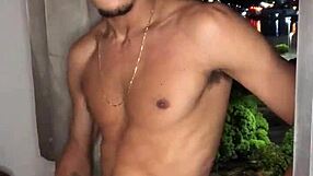 Naughty boy jerks off huge load at building window with handjob tease.