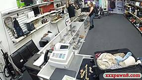 Whoa, stewardess gets sneaky blowjob in pawnshop toilet on hidden cam