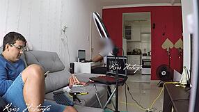 Hubby calls tech over, watch me strut in see-through white bikini!