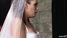 Frustrated bride in white dress and nylons risks rough church fuck with sloppy blowjob and riding.