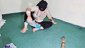 big ass showing thru black transparent pajamas while cleaning