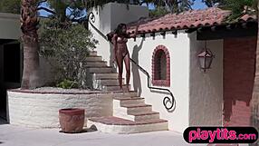 Petite Ebony Teases Big Boobs Poolside