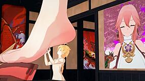 Tall beauty Yae Miko teases with huge feet footjob play.