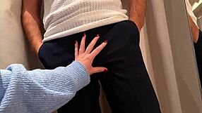 yo fitting room blowjob with curtain wide open risky as hell