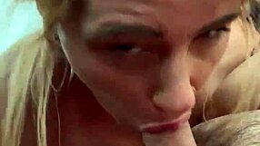 Facial explodes on topless hooker's face after bareback BJ!