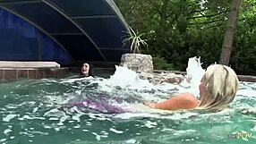 Skinny teen lesbians finger lick shaved pussies outdoors by pool with toys