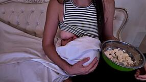 Stepmom feeds milk to horny adult stepson in taboo play