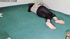 big ass showing thru black transparent pajamas while cleaning