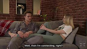 hot blonde with big fake tits moans on muscular guy's monster cock