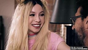 Petite teen deepthroats and rides stepdad's monster cock in taboo old young pounding session