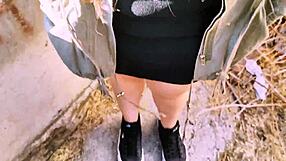 Damn this young slut flashes her wet pussy outdoors then hands over soaked panties for public blowjob