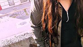 Damn this young slut flashes her wet pussy outdoors then hands over soaked panties for public blowjob