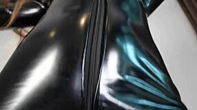 horny brunette in latex takes big cock doggystyle and rides hard