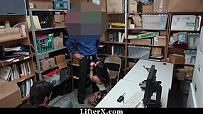 the mall cop fucks shoplifter teen hard in private office after catching her stripping