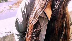 Damn this young slut flashes her wet pussy outdoors then hands over soaked panties for public blowjob