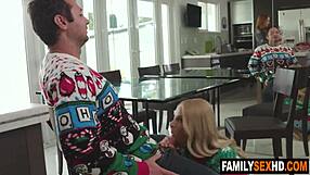 Stepdad pounds stepdaughter pussy behind stepmom's back