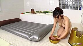 this japanese nuru masseuse with saggy tits gives an uncensored parlour massage ending in creampie