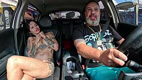 queen kimi hops in ride and delivers gaping anal show outdoors.