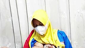 hijab girl from indomaret rubs hairy pussy with dildo before work shift