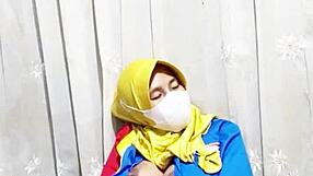 hijab girl from indomaret rubs hairy pussy with dildo before work shift