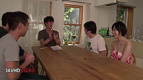 Yu shinoda slurps two huge cocks in wild japanese group blowjob orgy