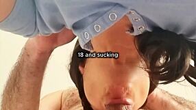 Neighbors teach moaning 18-year-old brunette how to deepthroat monster cock pov style