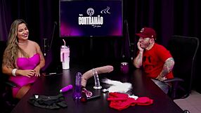 guy uses vibrator on naughty latina's pussy after bathroom stall hookup. he wonders about liberal relationship with swinging couple on sheer red