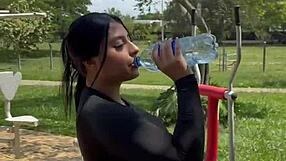 Colombian teen prostitute interrupts workout for public car deepthroat creampie with monster cock