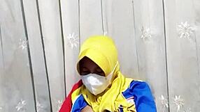 hijab girl from indomaret rubs hairy pussy with dildo before work shift