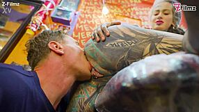 Pornstar tattoo artist bends over for customer's brutal anal pounding then sloppy ass to mouth before massive facial cumshot