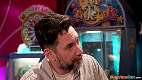 Stepdad chokes petite teen on his cock at arcade gagging her deep in public outdoor face fuck