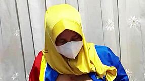 hijab girl from indomaret rubs hairy pussy with dildo before work shift