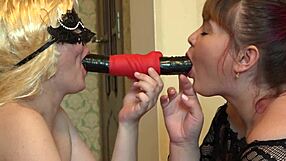 girls, double dildo doggy while sucking those juices