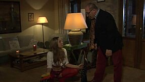 Old Man Gets Blowjob Then Fucks Woman While Brunette Masturbates Watching