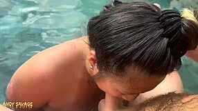Pov public pool blowjob adventure with exotic asian beauty moaning through deepthroat ending in hot facial cumshot