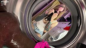 hey check her washing those big tits big pussy lips then riding huge anal toys