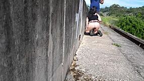 Chubby brunette bends over skirt up for street doggystyle pounding