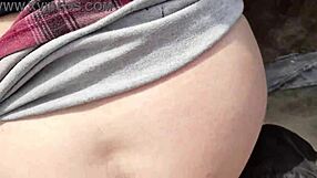 Chubby brunette bends over skirt up for street doggystyle pounding