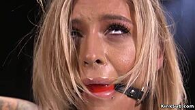 busty tattooed blonde bound tight device bondage fingered fucked hardcore pain slave tits heaving