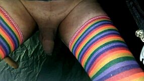 woman straps on dildo pegs guy in panties and squirts hands-free