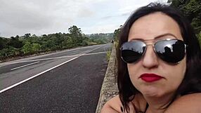 Chubby brunette bends over skirt up for street doggystyle pounding